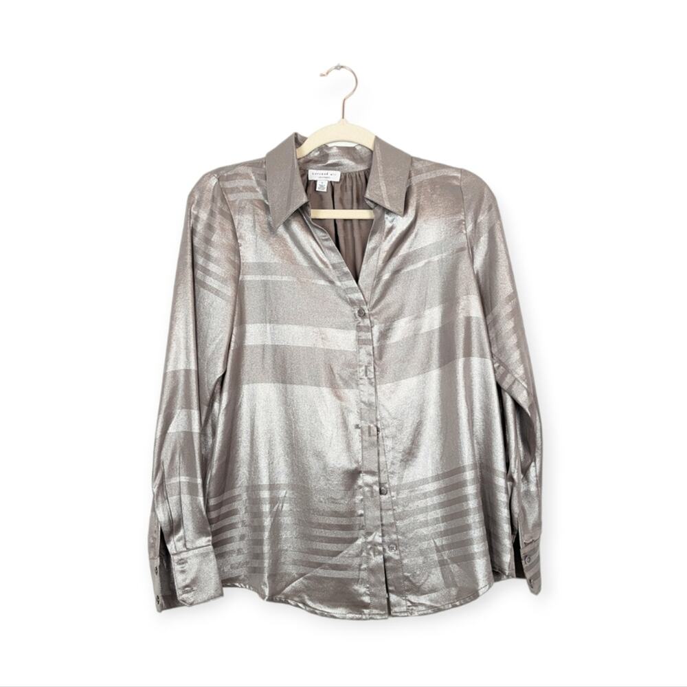 Current Air Button Down Top S Metallic Stripe Long Sleeve Shimmer Blouse